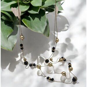Vintage Double Strand Beaded Necklace Gold Tone Black Rhinestone Beads